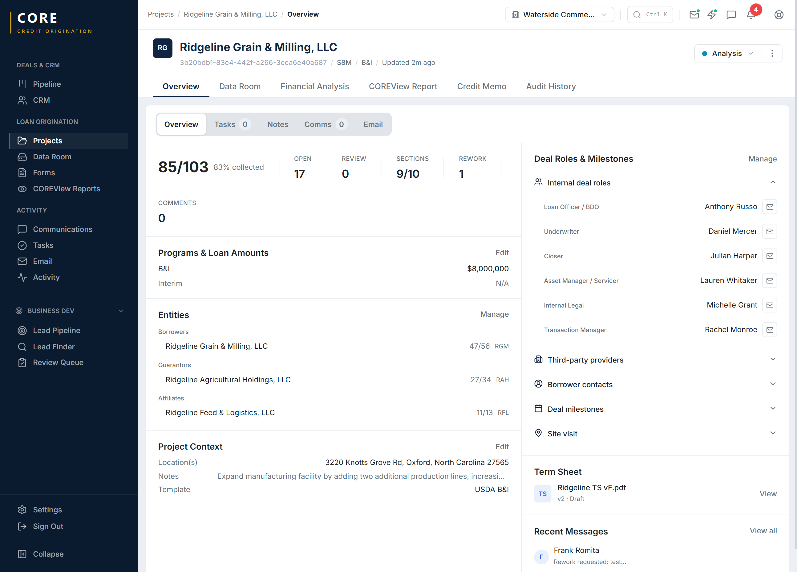 CORE deal workspace showing project overview for Ridgeline Grain & Milling — USDA B&I deal with document collection, deal roles, and milestone tracking